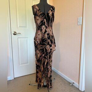 VTG 90s Y2K Eva Blue Plus Black Floral Beaded Fairy Asymmetrical Maxi Dress 8